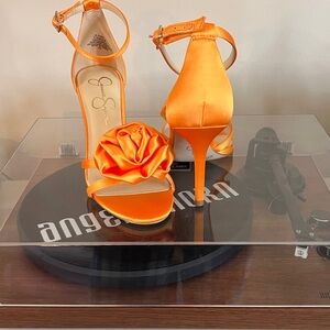 Orange Satin Women's Heels with Floral Accent